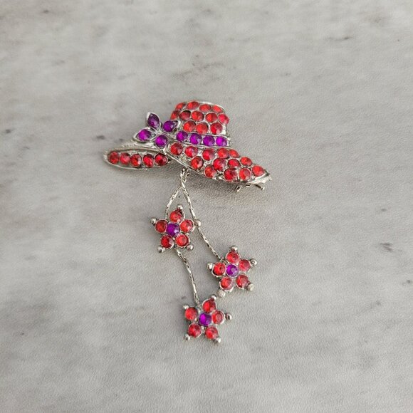 Jewelry - Vintage Red Hat Purple Bow Rhinestone Brooch Silver Tone Floral Dangle Pin Jewel